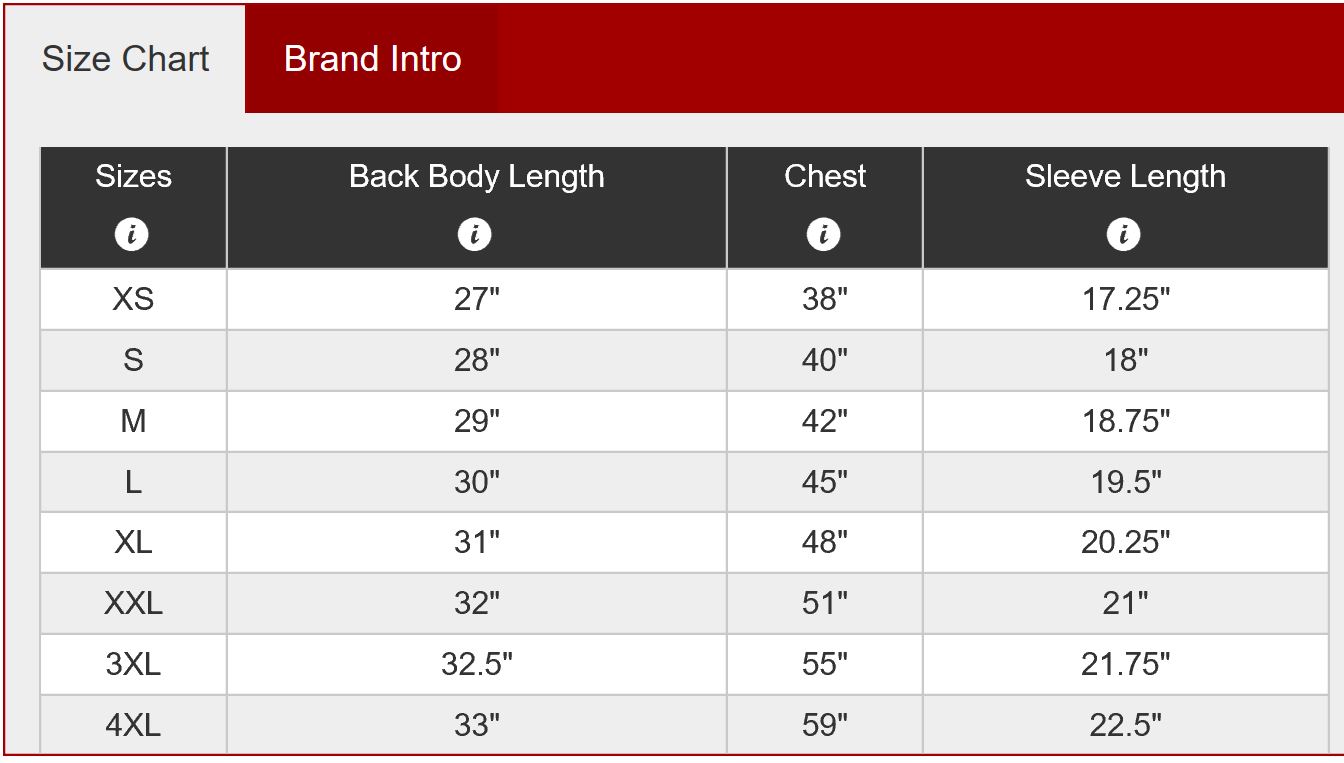 district made shirts size chart